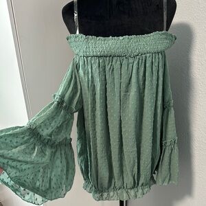 Green Ruffled Smocked Bell Sleeve Tunic